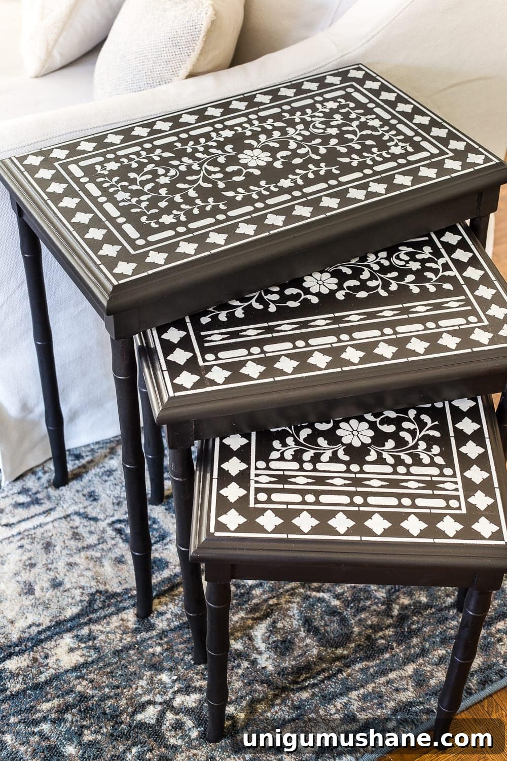 DIY Faux Bone Inlay Nesting Tables Makeover 11 Faux Bone Inlay Nesting Tables Makeover | blesserhouse.com - How to stencil furniture to look like an Indian bone inlay Anthropologie piece plus more thrift store furniture makeover ideas. #furnituremakeover #knockoff #thrift #stencil
