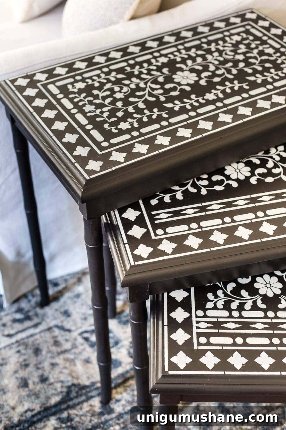 DIY Faux Bone Inlay Nesting Tables Makeover 12 Faux Bone Inlay Nesting Tables Makeover | blesserhouse.com - How to stencil furniture to look like an Indian bone inlay Anthropologie piece plus more thrift store furniture makeover ideas. #furnituremakeover #knockoff #thrift #stencil