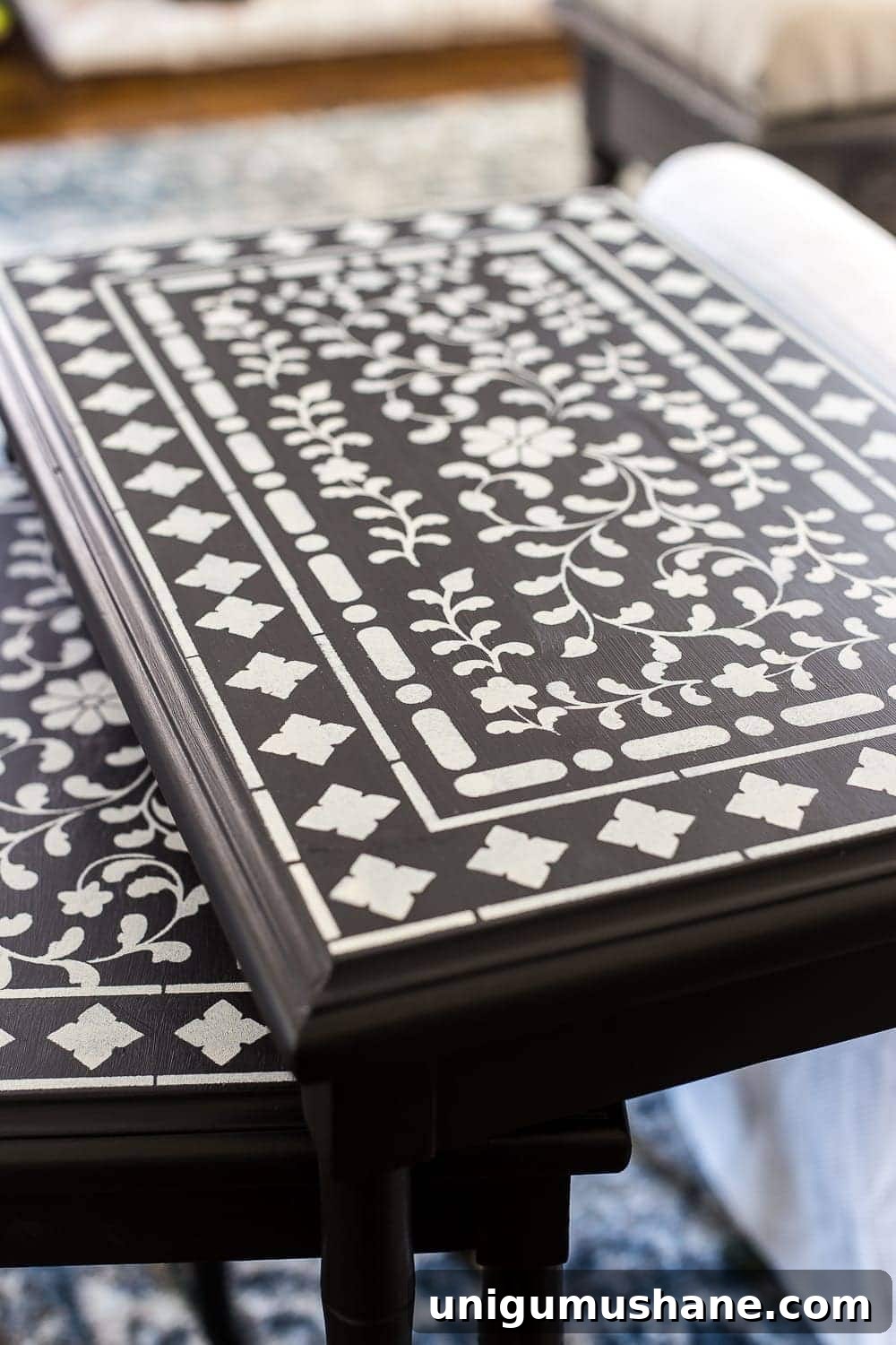 DIY Faux Bone Inlay Nesting Tables Makeover 13 Faux Bone Inlay Nesting Tables Makeover | blesserhouse.com - How to stencil furniture to look like an Indian bone inlay Anthropologie piece plus more thrift store furniture makeover ideas. #furnituremakeover #knockoff #thrift #stencil