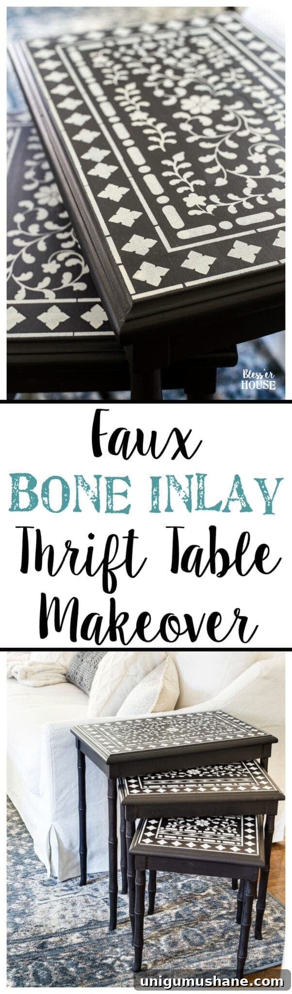 DIY Faux Bone Inlay Nesting Tables Makeover 15 Faux Bone Inlay Nesting Tables Makeover | blesserhouse.com - How to stencil furniture to look like an Indian bone inlay Anthropologie piece plus more thrift store furniture makeover ideas. #furnituremakeover #knockoff #thrift #stencil