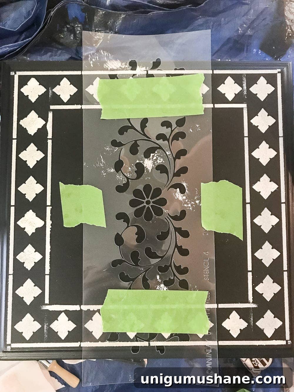 DIY Faux Bone Inlay Nesting Tables Makeover 8 Faux Bone Inlay Nesting Tables Makeover | blesserhouse.com - How to stencil furniture to look like an Indian bone inlay Anthropologie piece plus more thrift store furniture makeover ideas. #furnituremakeover #knockoff #thrift #stencil