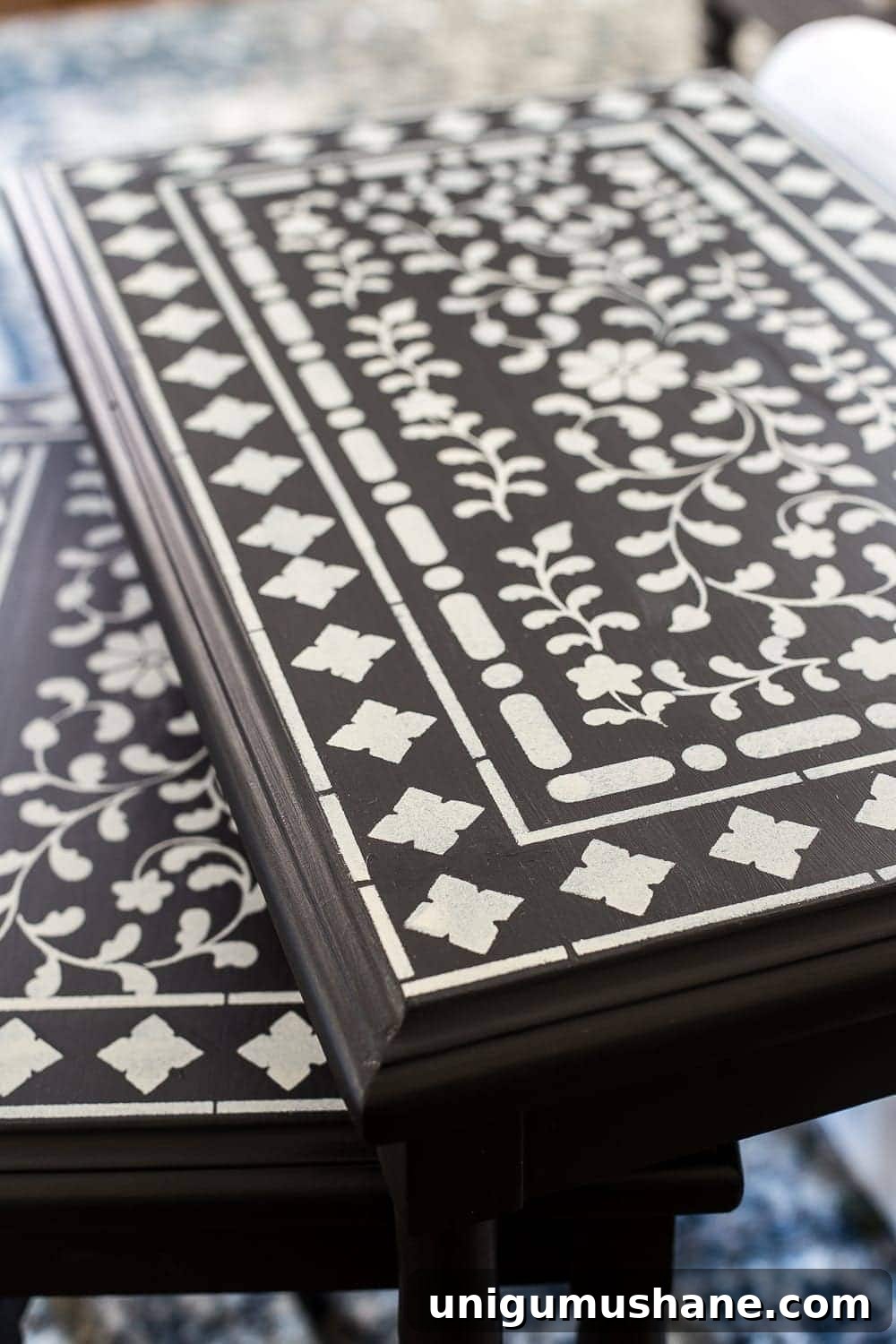 DIY Faux Bone Inlay Nesting Tables Makeover 9 Faux Bone Inlay Nesting Tables Makeover | blesserhouse.com - How to stencil furniture to look like an Indian bone inlay Anthropologie piece plus more thrift store furniture makeover ideas. #furnituremakeover #knockoff #thrift #stencil