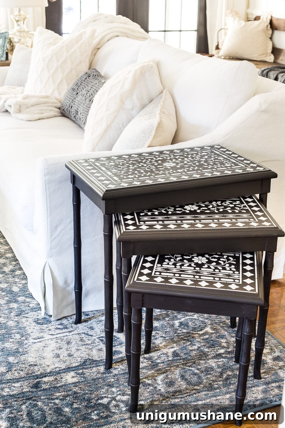 DIY Faux Bone Inlay Nesting Tables Makeover 10 Faux Bone Inlay Nesting Tables Makeover | blesserhouse.com - How to stencil furniture to look like an Indian bone inlay Anthropologie piece plus more thrift store furniture makeover ideas. #furnituremakeover #knockoff #thrift #stencil