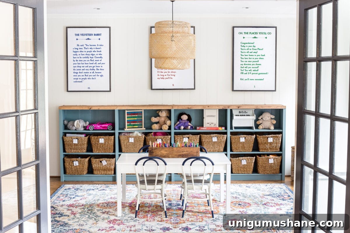 Refresh Your Playroom with Bright New Lighting and Furniture 4 A playroom makeover with bamboo light fixture, adjustable play table, and miniature French bistro chairs. #playroom #kidsdecor