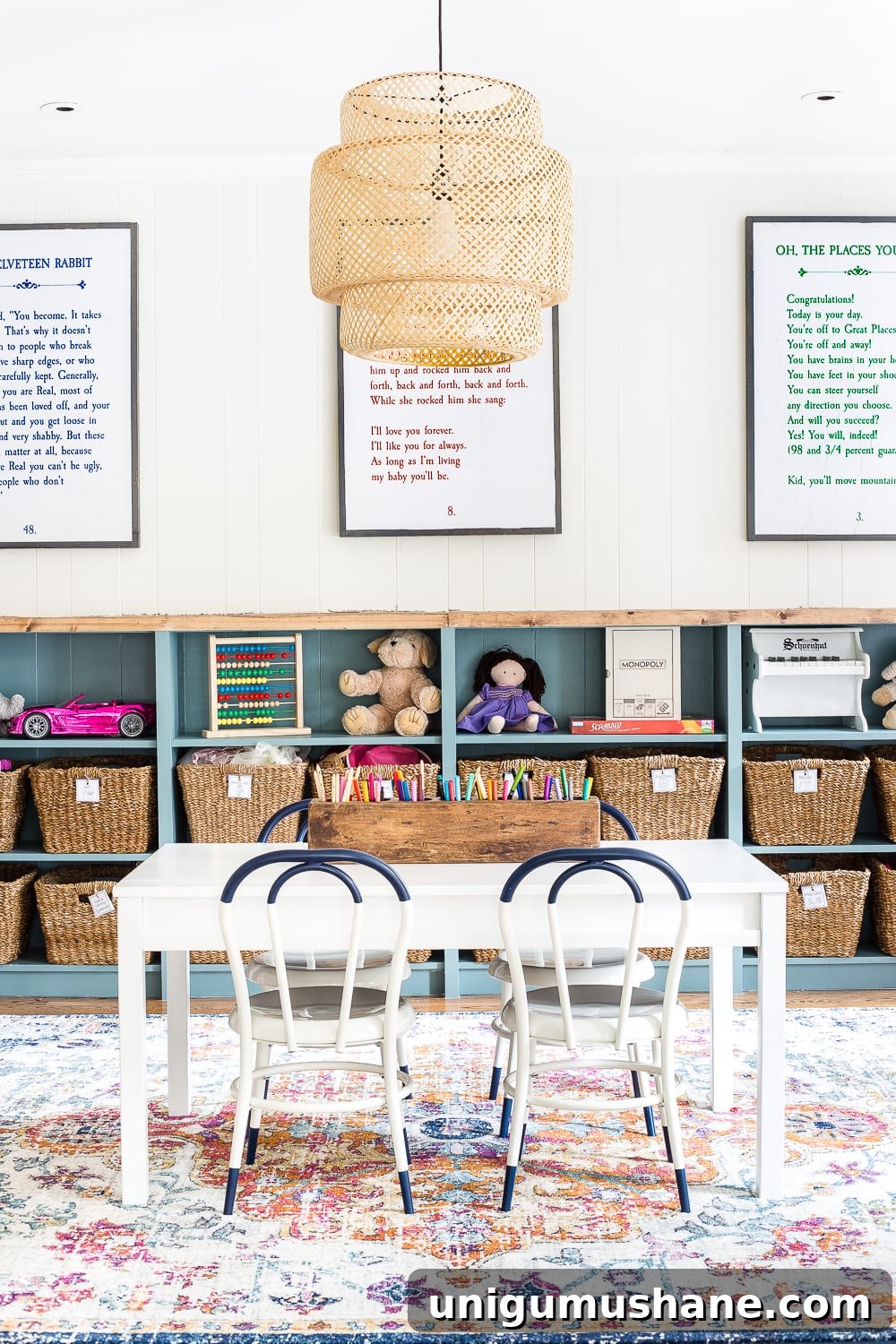 Refresh Your Playroom with Bright New Lighting and Furniture 7 A playroom makeover with bamboo light fixture, adjustable play table, and miniature French bistro chairs. #playroom #kidsdecor