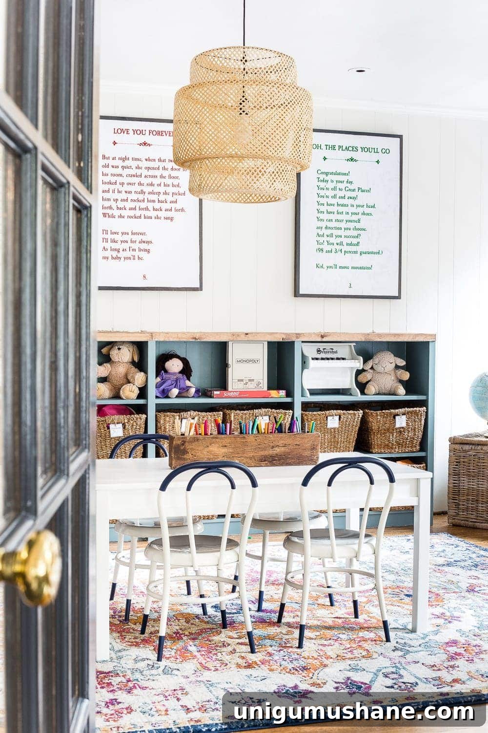 Refresh Your Playroom with Bright New Lighting and Furniture 9 A playroom makeover with bamboo light fixture, adjustable play table, and miniature French bistro chairs. #playroom #kidsdecor
