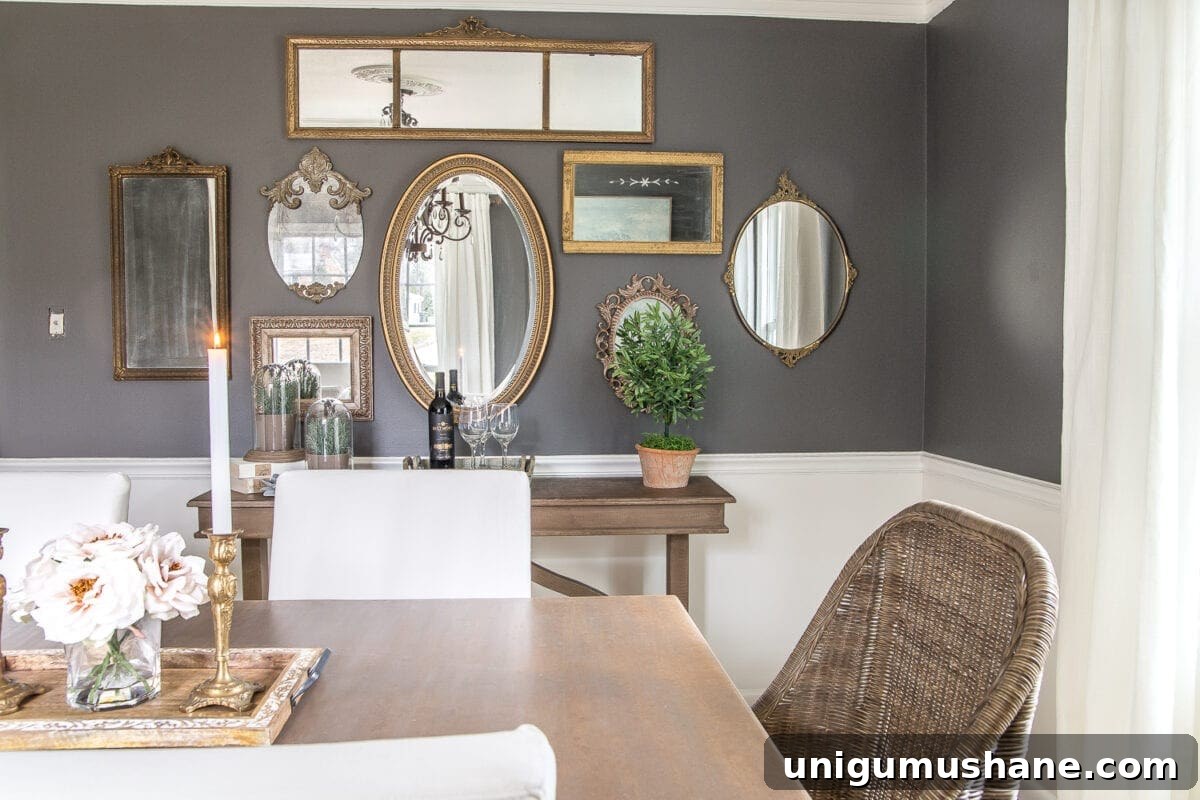 DIY Mirror Gallery Wall Using Thrifted Frames 4 A couple of tricks for hanging the perfect mirror gallery wall plus ideas for a traditional meets modern eclectic dining room. #diningroom #gallerywall #walldecor #mirrors