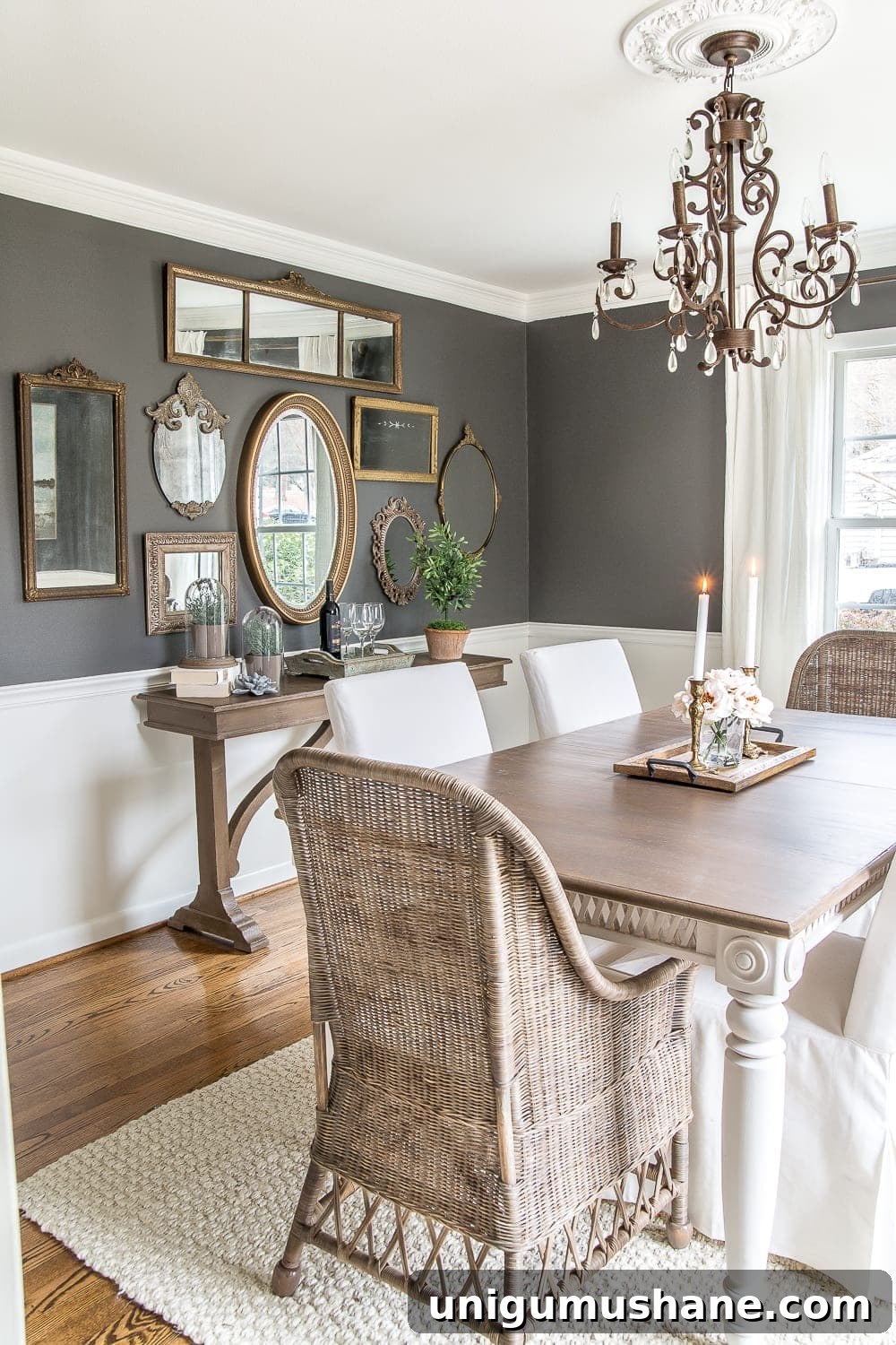 DIY Mirror Gallery Wall Using Thrifted Frames 5 A couple of tricks for hanging the perfect mirror gallery wall plus ideas for a traditional meets modern eclectic dining room. #diningroom #gallerywall #walldecor #mirrors