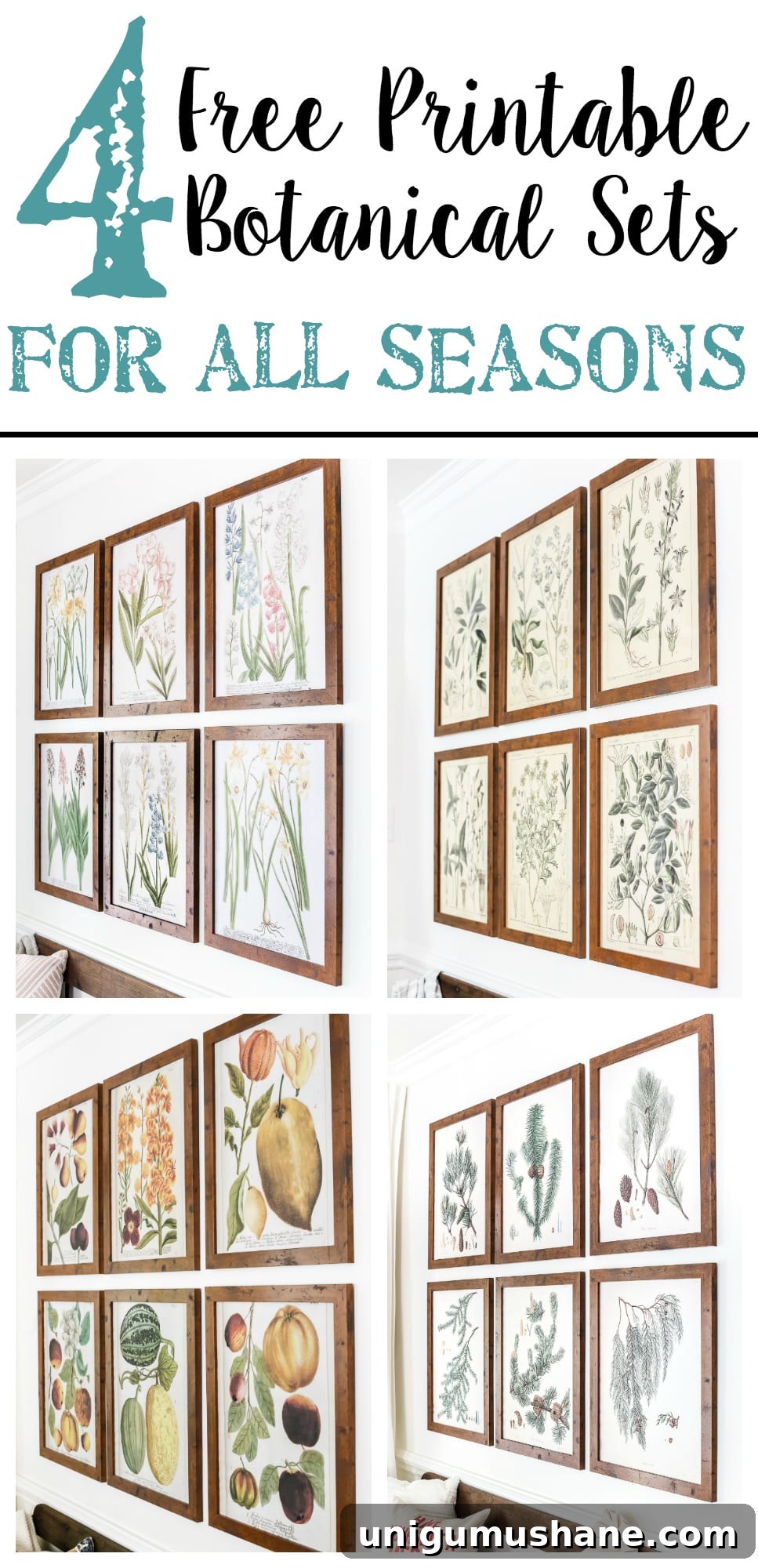 Printable Spring Botanical Art for Gallery Walls 7 Four free printable sets of botanical art for all seasons of the year- spring, summer, winter, and fall - $3 each on color engineer prints or free from your own printer to frame as wall decor. #gallerywall #freeprintable #freeart