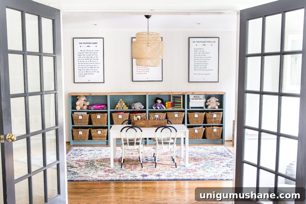 Playroom Makeover Reveal: Before and After Ideas 3 A dated, unorganized playroom gets a bright and whimsical makeover with organizational strategies, ideas for adding function, and DIY-able projects to create the perfect kid's space on a budget. #kidsroom #playroom #kidsdecor #toyorganizing