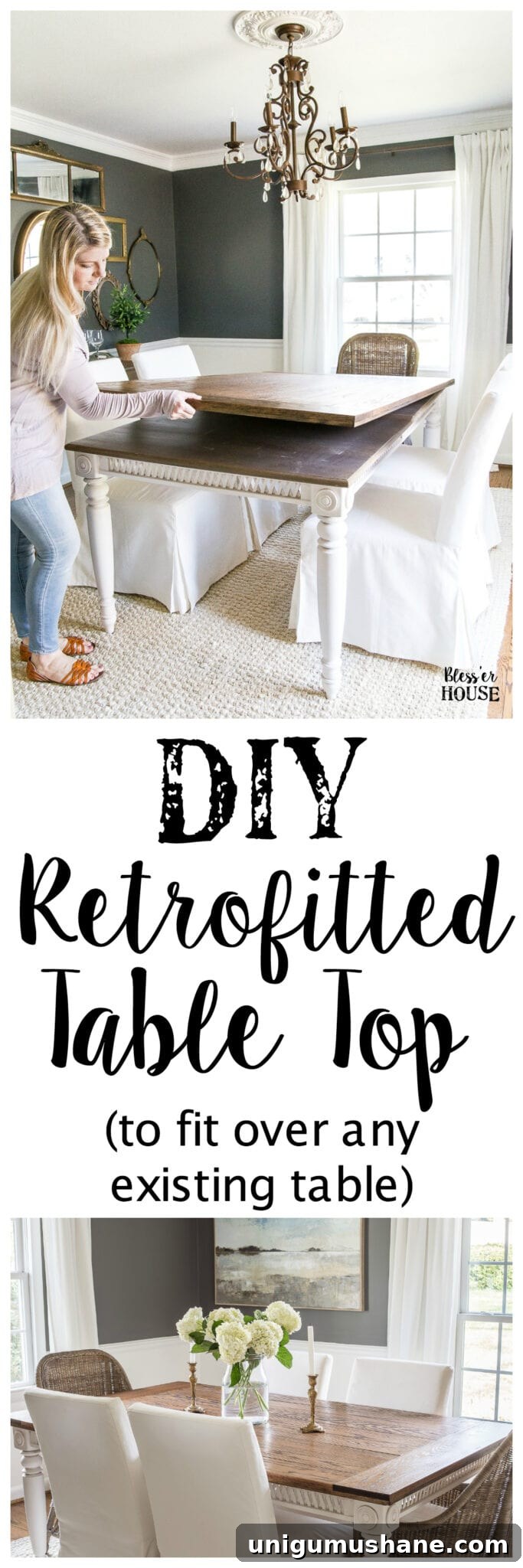 DIY Retrofit to Upgrade Your Dining Table Top 8 A tutorial for how to build a retrofitted table top to fit over any existing table using Minwax Dark Walnut stain. #build #furniturebuilding #tabletop #diningtable #diytable #farmhousetable #diyfurniture #woodworking #furnituremakeover #tablemakeover #minwax #woodstain #walnut