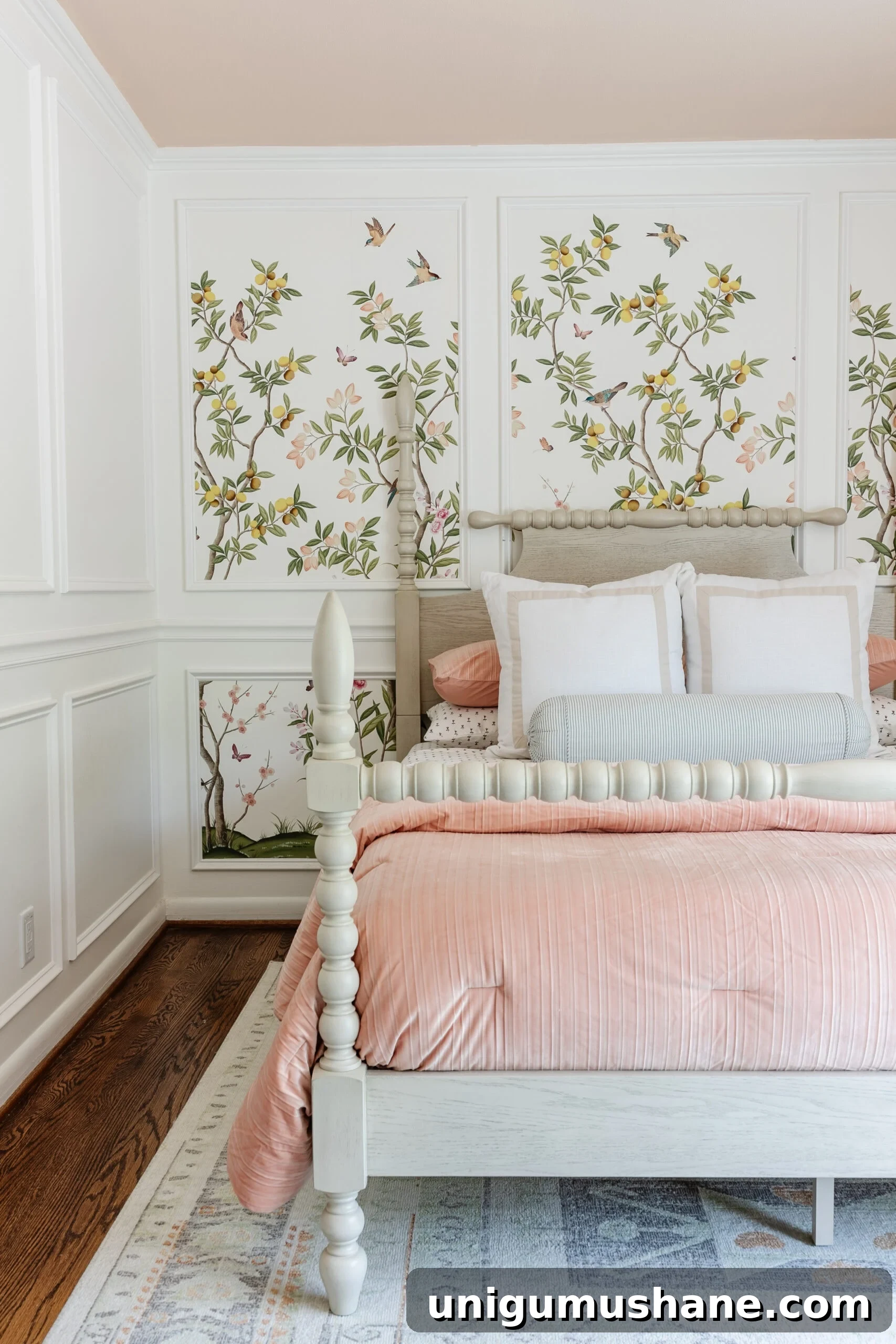 spindle vintage style wood bed pink bedding and cottagecore decor
