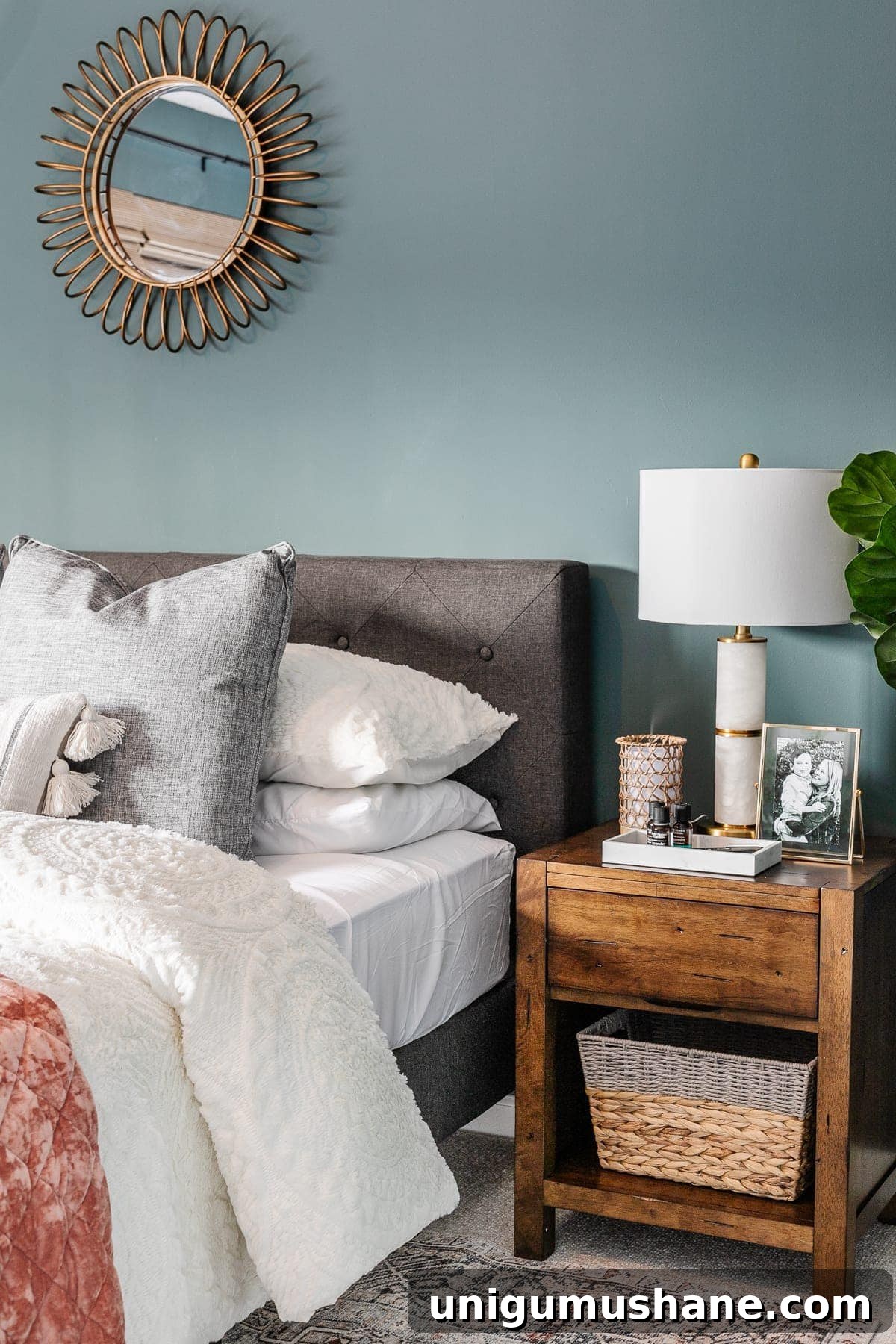 small nightstand storage hack using a basket on a shelf to hide clutter
