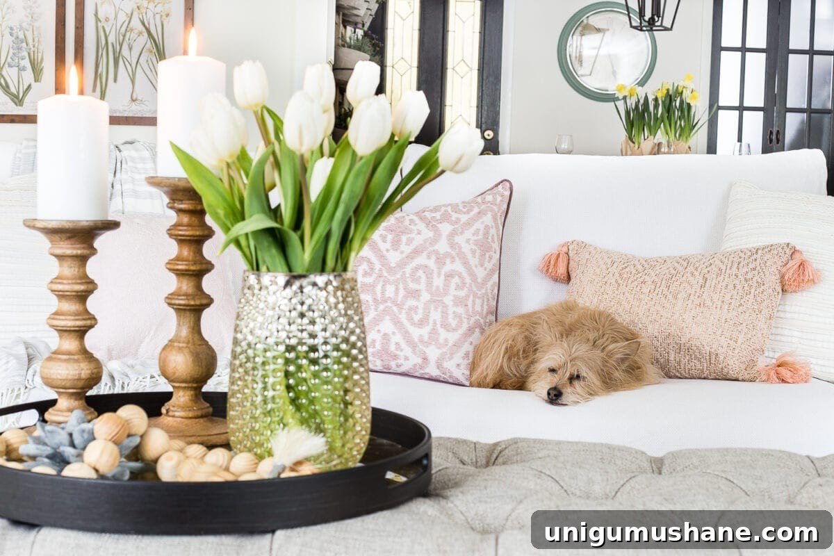 Spring Living Room Tour: Fresh Decor Ideas 5 A living room gets a spring refresh with simple florals, candle light, and light fabrics. #springdecor #livingroom #springlivingroom #springaccents #livingroomdesign #livingroomdecor #budgetdecor