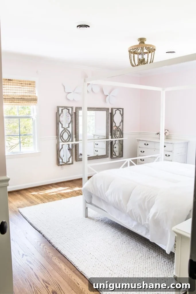 How to make a ballet barre with mirrors and shelf brackets and how to hang wall decor on a chair rail, board and batten, or molding #balletbarre #kidsdecor #girldecor #girlbedroom #girlroom #kidsroom #walldecor #hanginghack #wallhack #diywalldecor 
