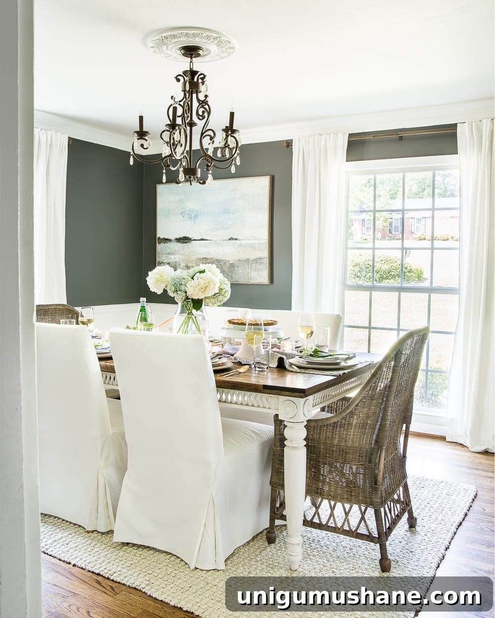 Summer tablescape with neutral tones and layered textures for Mother's Day.