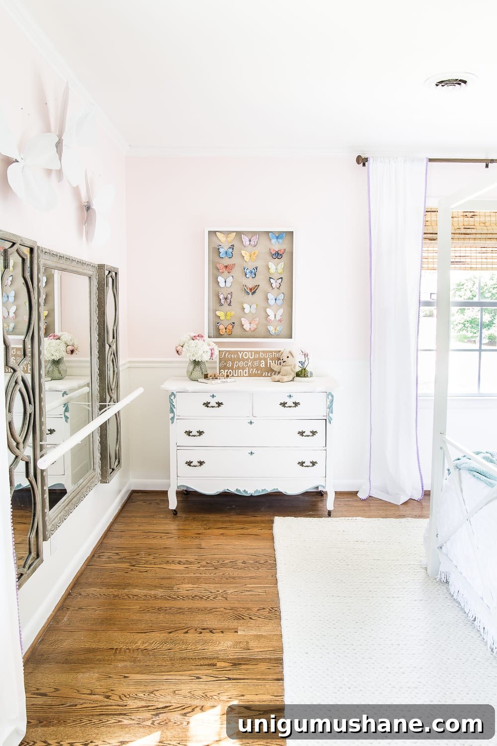 Little Girl's Butterfly Bedroom Makeover Reveal 7 A little girl bedroom makeover with a butterfly theme full of thrifty makeovers, DIYable projects, and Anthropologie style knock-offs. #girlbedroom #littlegirlbedroom #girlroom #littlegirlroom #kidsspaces #kidsdecor #kidsroom #kidsdiy #bedroommakeover #kidsroommakeover #girlbedroommakeover