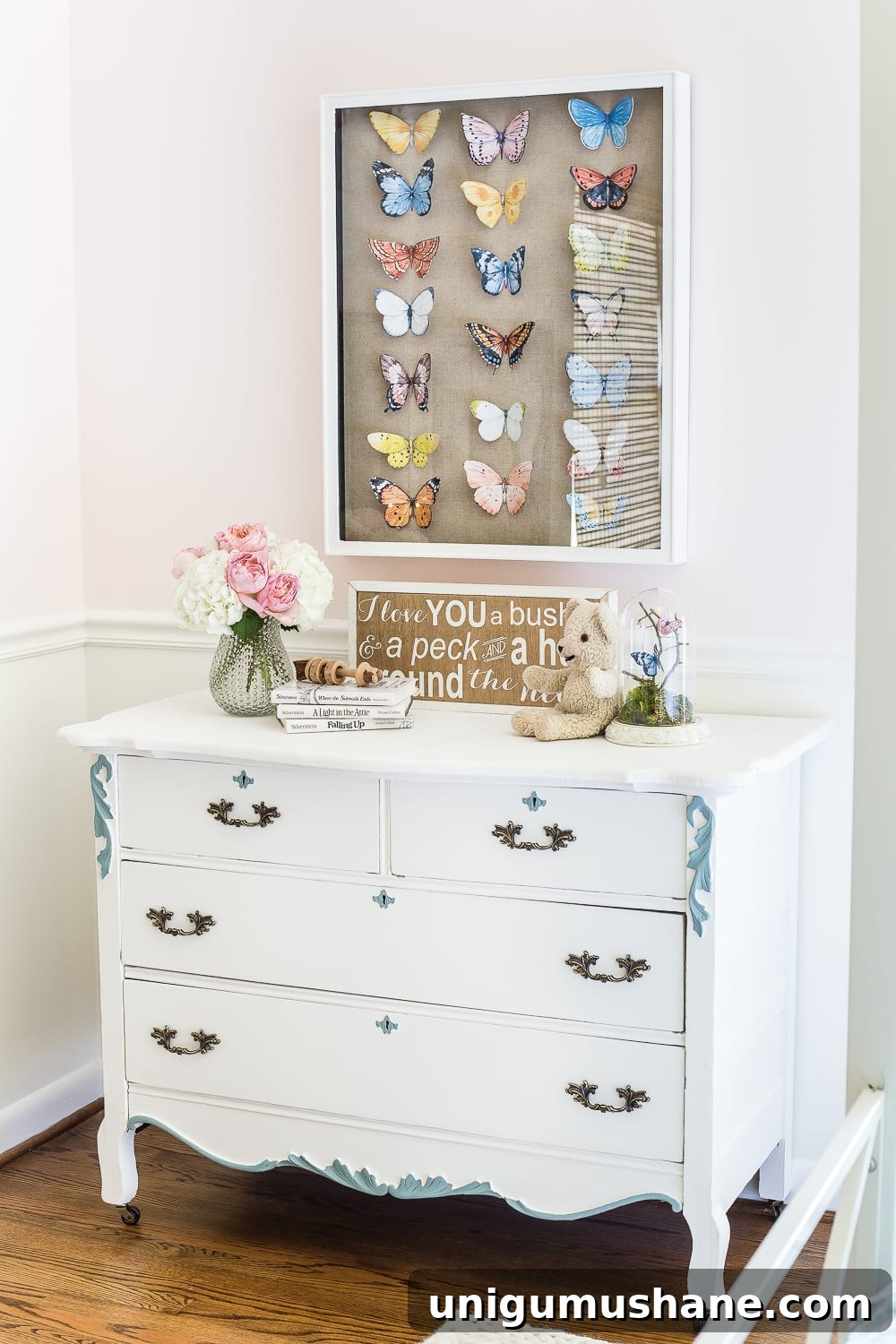 Little Girl's Butterfly Bedroom Makeover Reveal 8 A little girl bedroom makeover with a butterfly theme full of thrifty makeovers, DIYable projects, and Anthropologie style knock-offs. #girlbedroom #littlegirlbedroom #girlroom #littlegirlroom #kidsspaces #kidsdecor #kidsroom #kidsdiy #bedroommakeover #kidsroommakeover #girlbedroommakeover