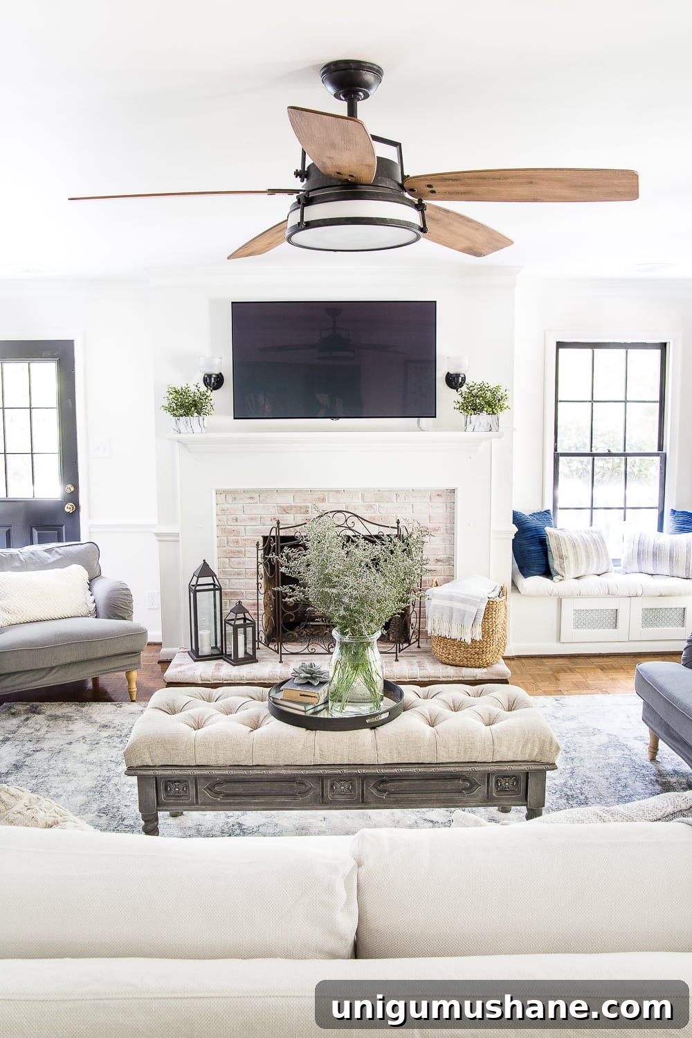 Light and airy summer living room with modern farmhouse style