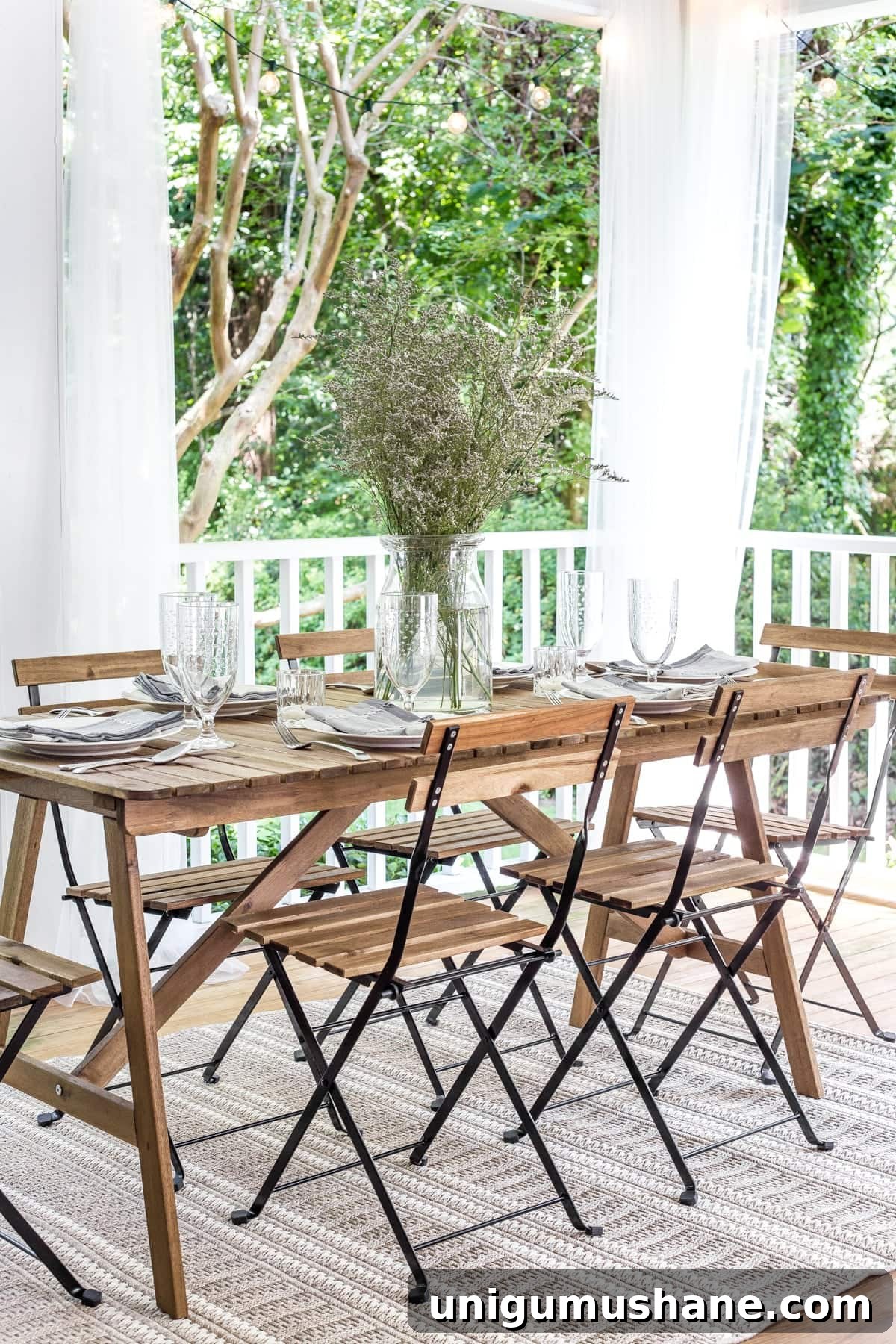 Summer Back Porch Tour: Inspiring Decor and Outdoor Styling 15 back porch outdoor dining table with breezy sheer curtains