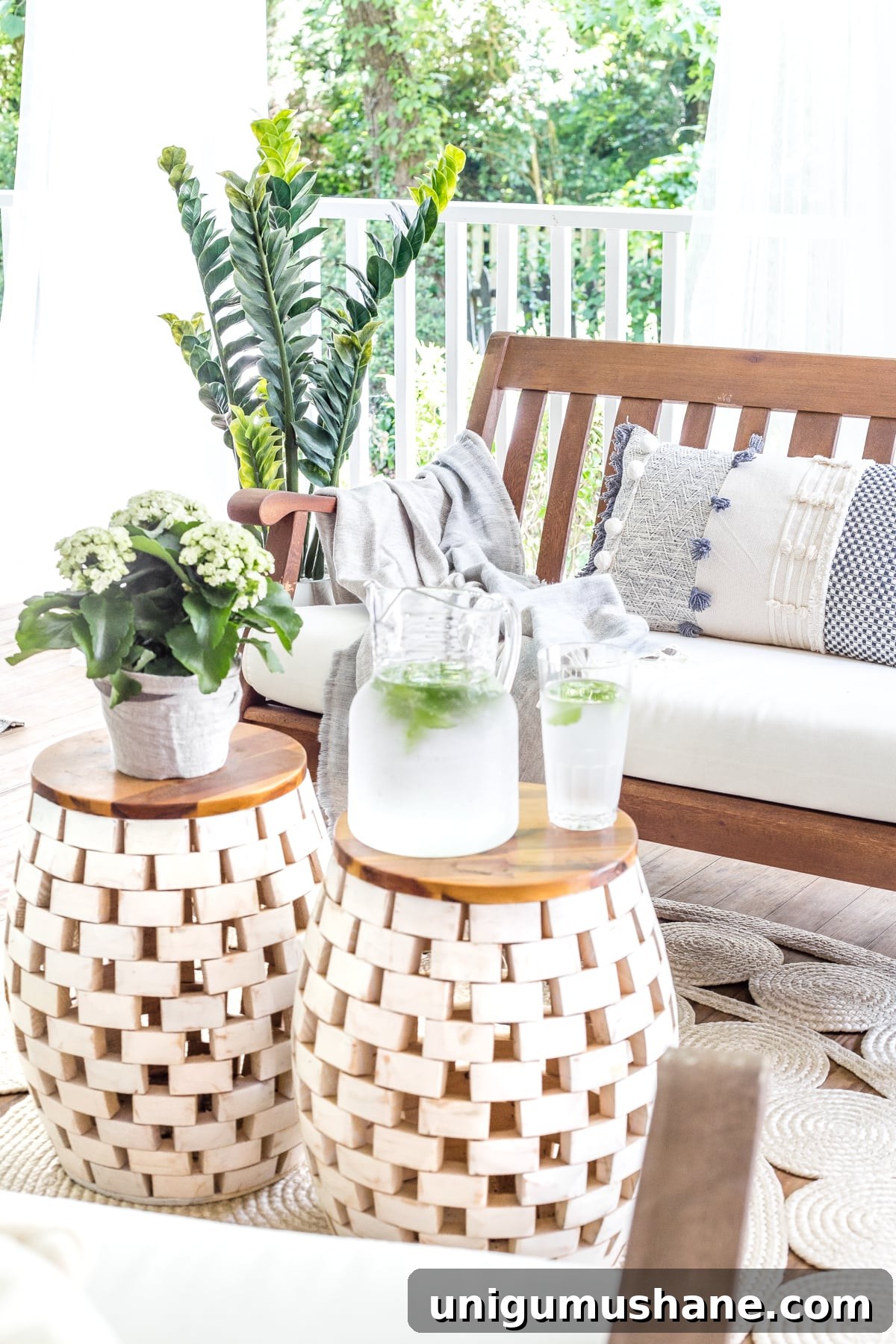 Summer Back Porch Tour: Inspiring Decor and Outdoor Styling 19 summer decor on back porch with garden stools and outdoor bench