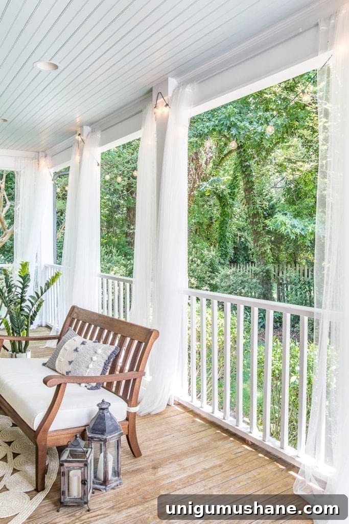 DIY Screened Porch and Outdoor Curtains for Under $100 5 back porch outdoor curtains with haint blue ceiling