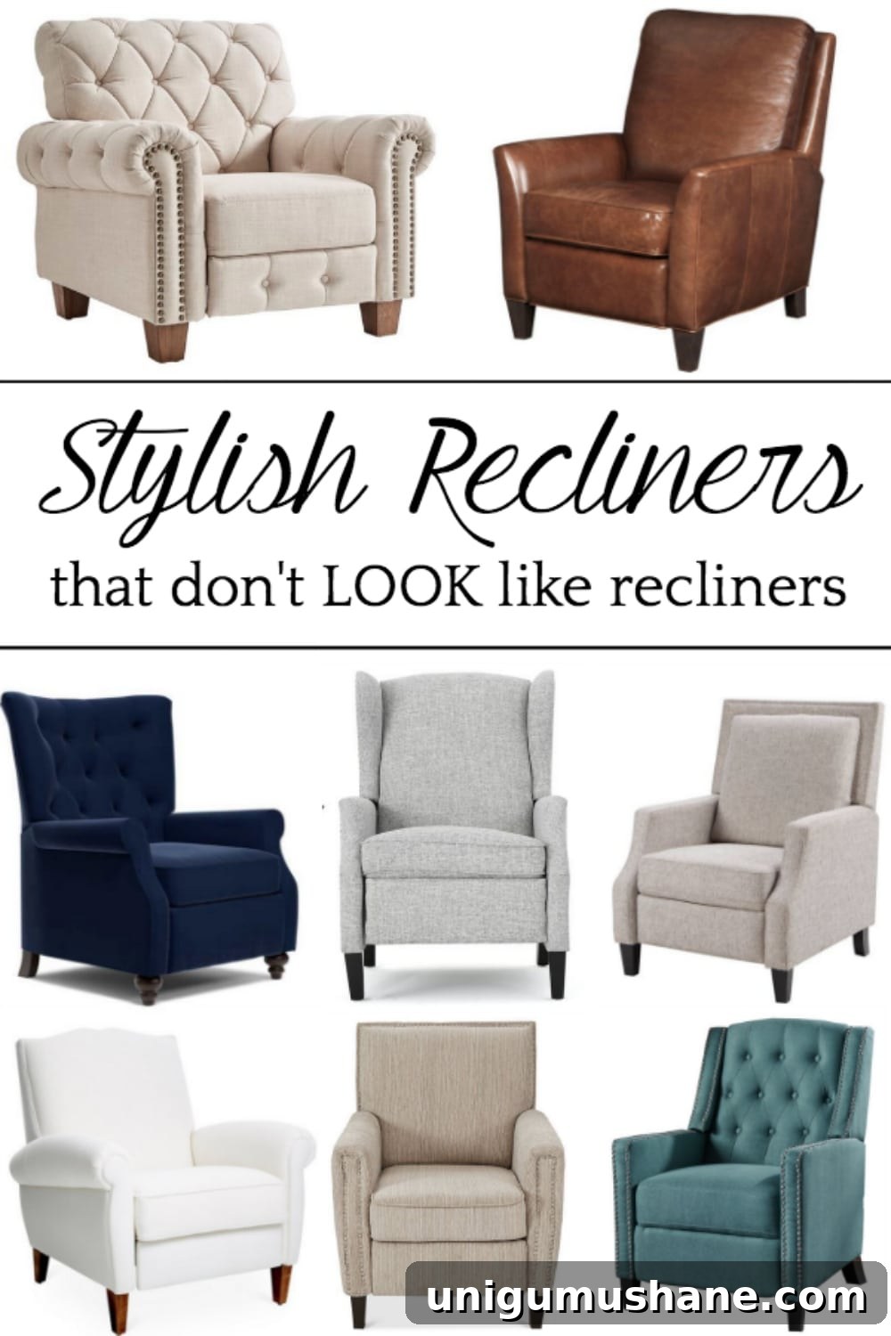 Affordable Stylish Recliners for Budget-Minded Shoppers 2 A shopping guide round-up with 22 stylish recliners on a budget that don't LOOK like recliners. #recliners #shoppingguide #furniture