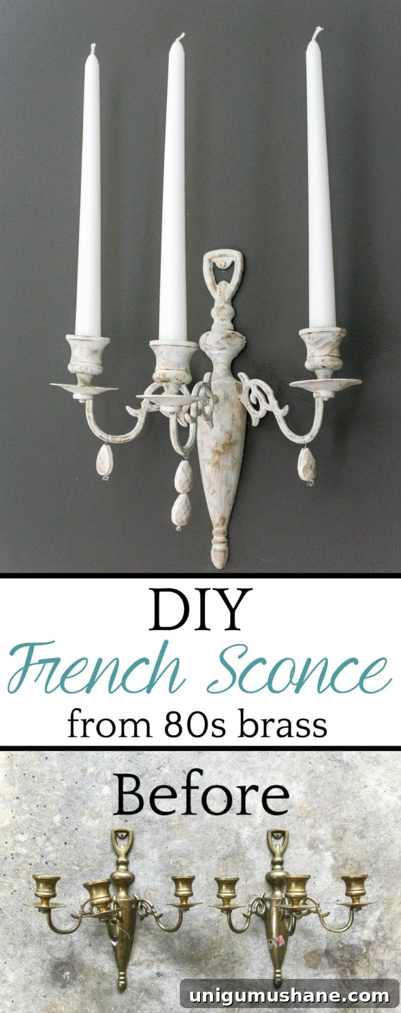 DIY Restoration: 1980s Brass French Sconce 13 How to turn a dated brass piece into a Restoration Hardware-inspired French sconce using paint samples and jewelry beads. #frenchsconce #sconce #walldecor