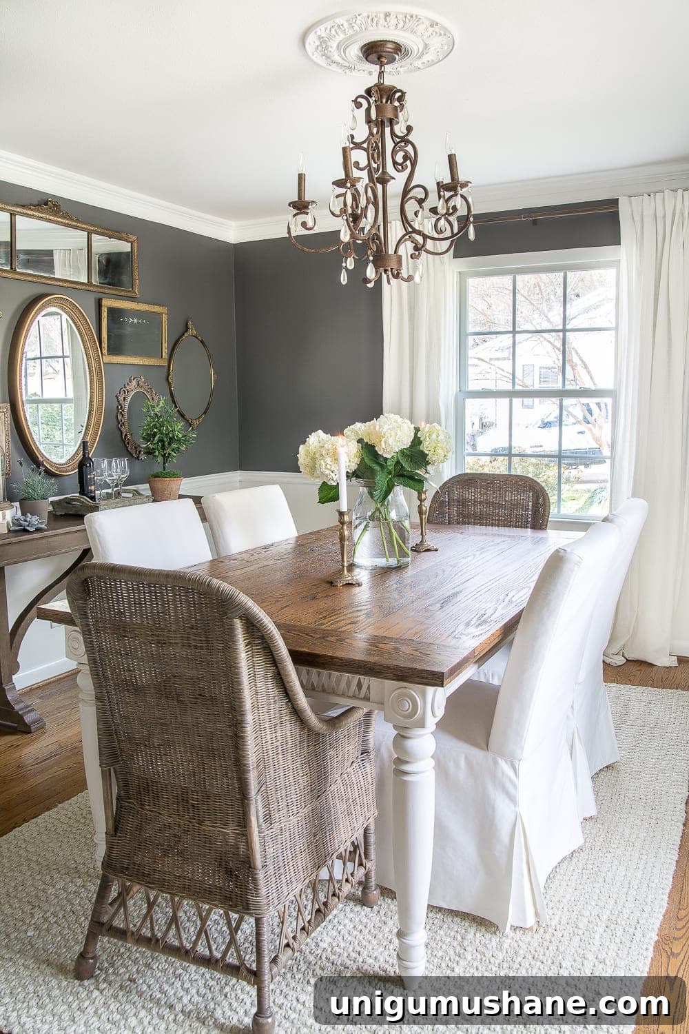 DIY Restoration: 1980s Brass French Sconce 4 Dark charcoal dining room with woods and whites