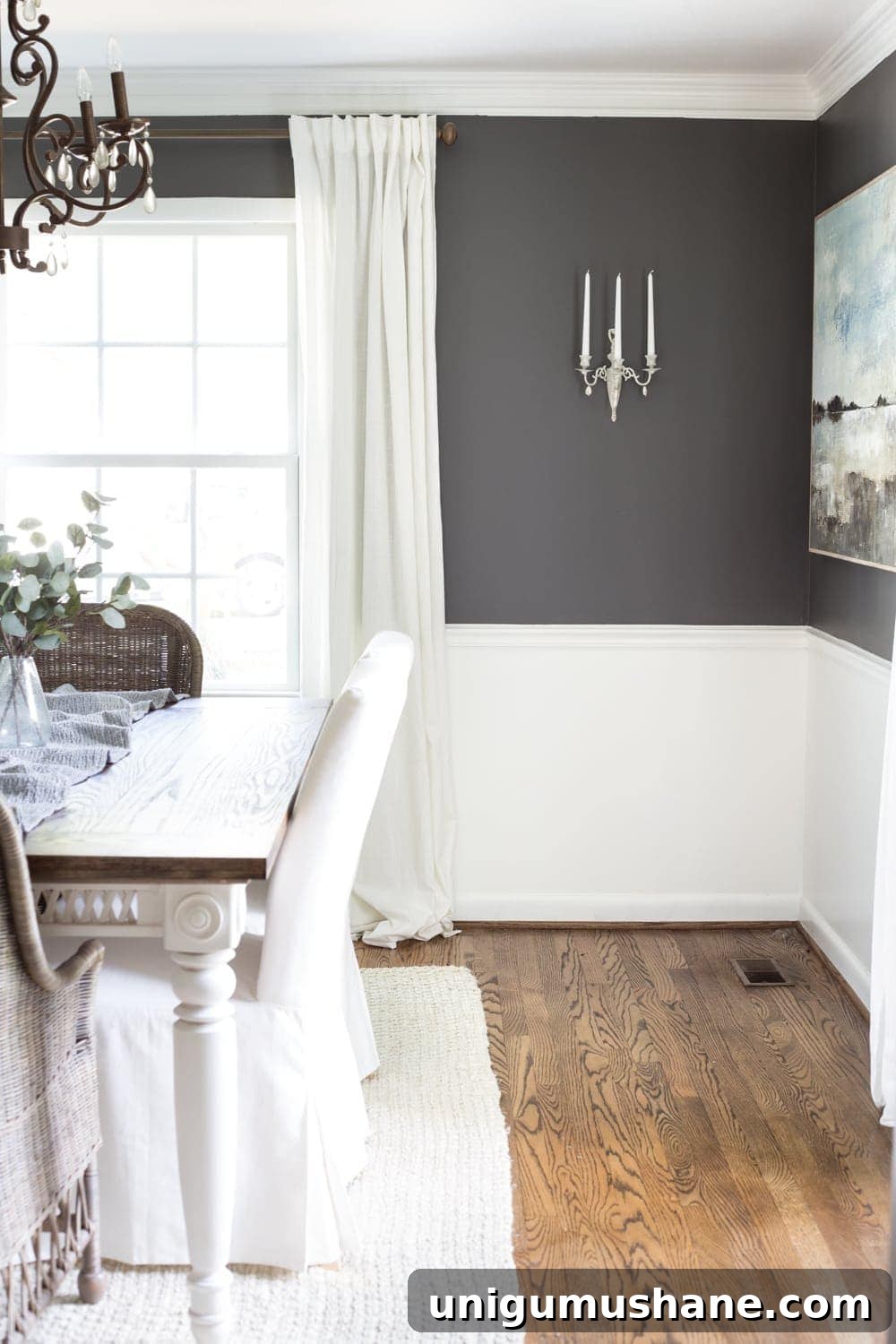 DIY Restoration: 1980s Brass French Sconce 10 Benjamin Moore Kendall Charcoal dining room with French sconce