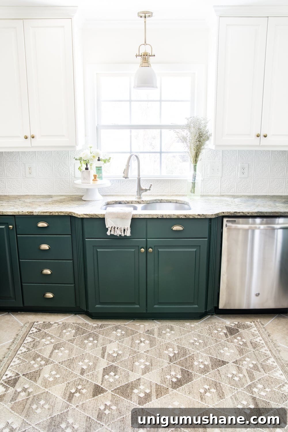 Refresh Tile Grout and Add Comfort with Memory Foam Kitchen Rug 9 deep green kitchen cabinets with DIY pressed tin ceiling tile backsplash and layered memory foam kitchen rug