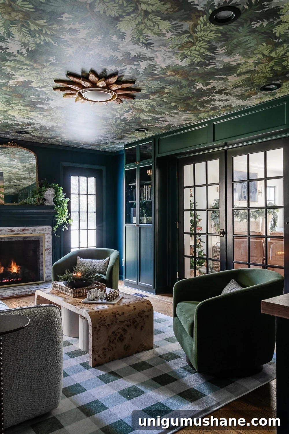 23 Small Room Tricks That Make Any Space Look Bigger 19 media room with wallpapered ceiling