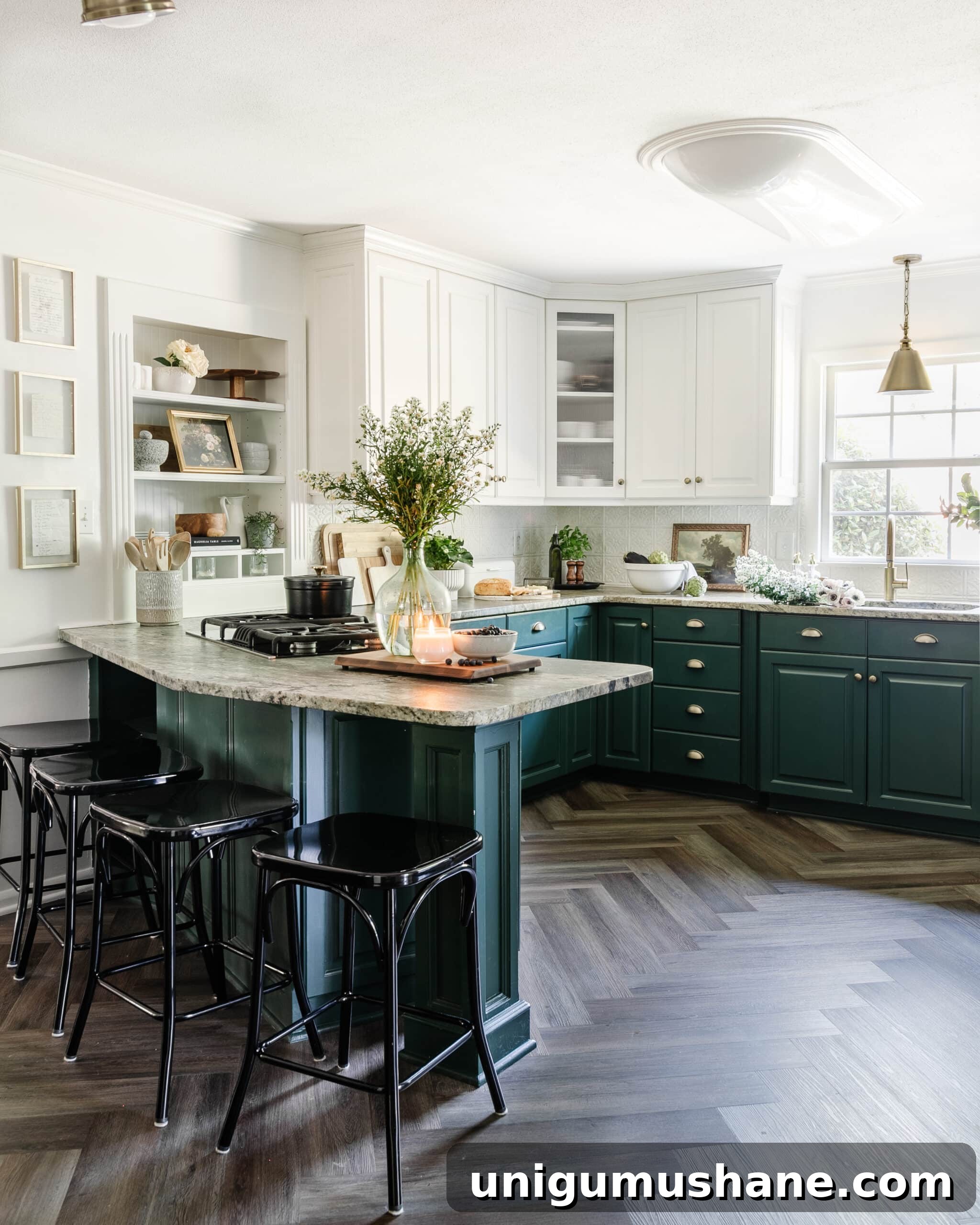kitchen facelift with herringbone floors, green cabinets, and cottagecore style