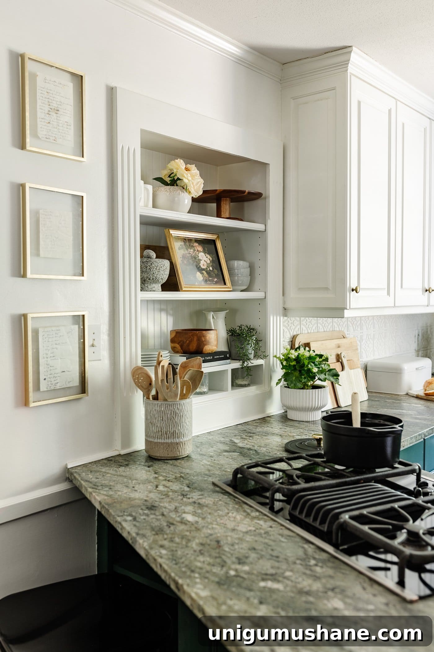 framed handwritten recipe art in float frame hanging on a kitchen wall