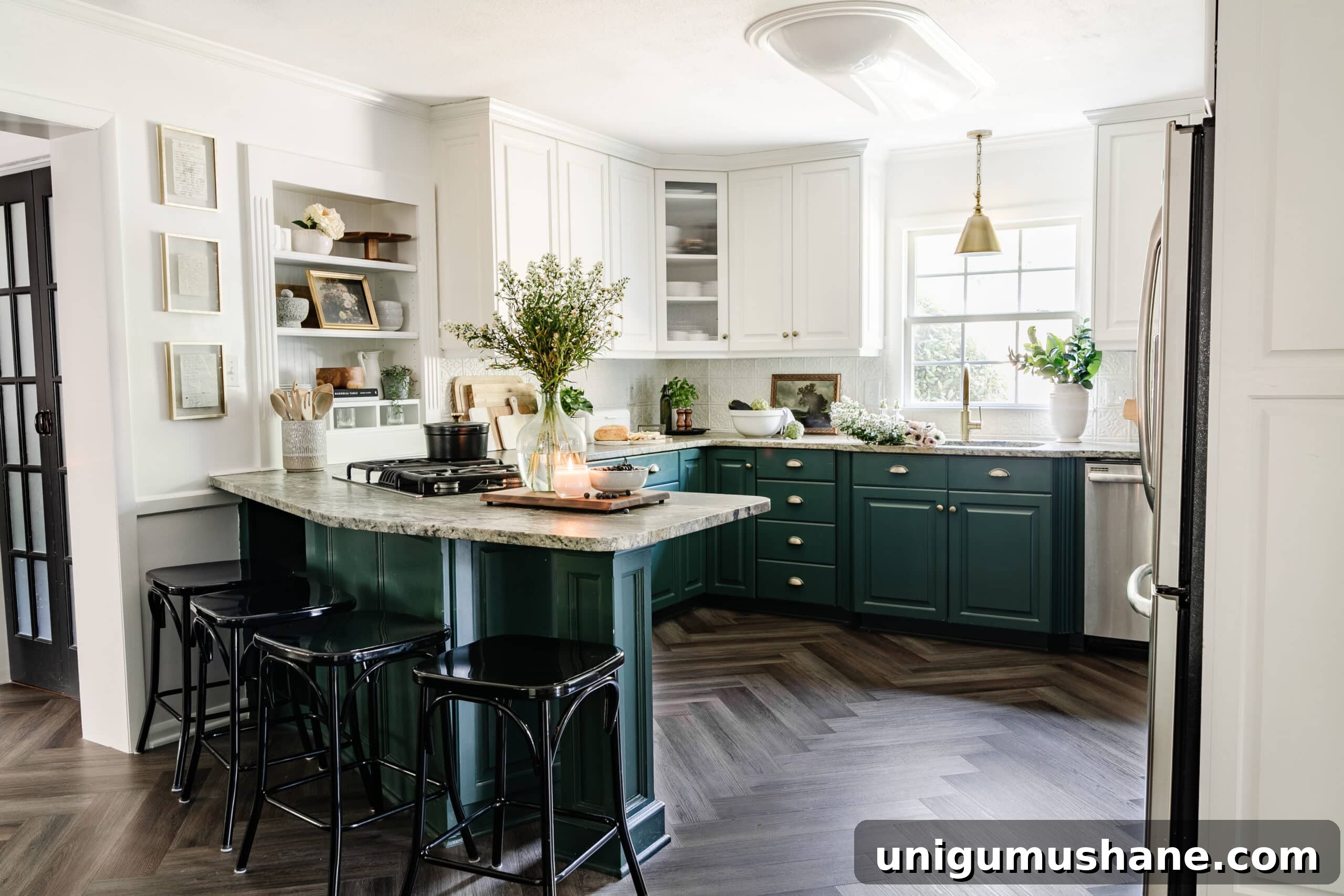 kitchen facelift with herringbone floors, green cabinets, and cottagecore style