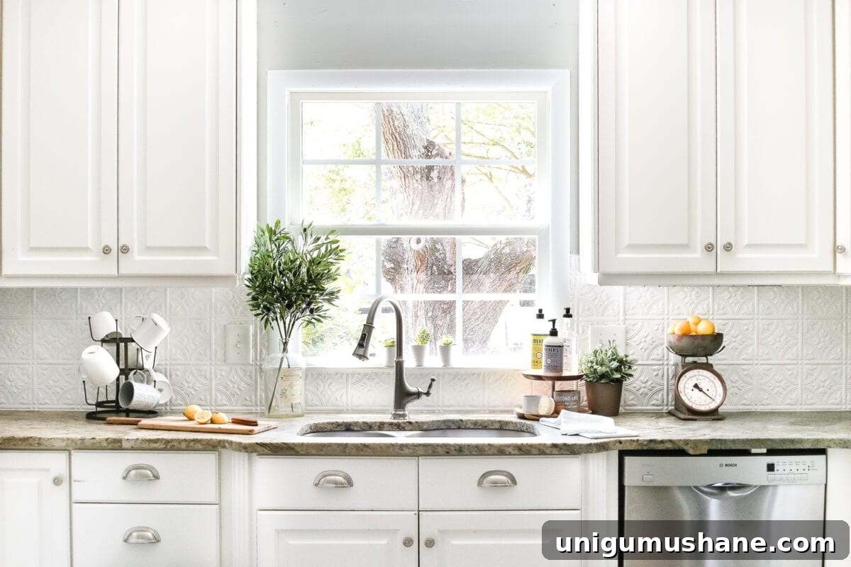 kitchen with white cabinets and sink in front of window