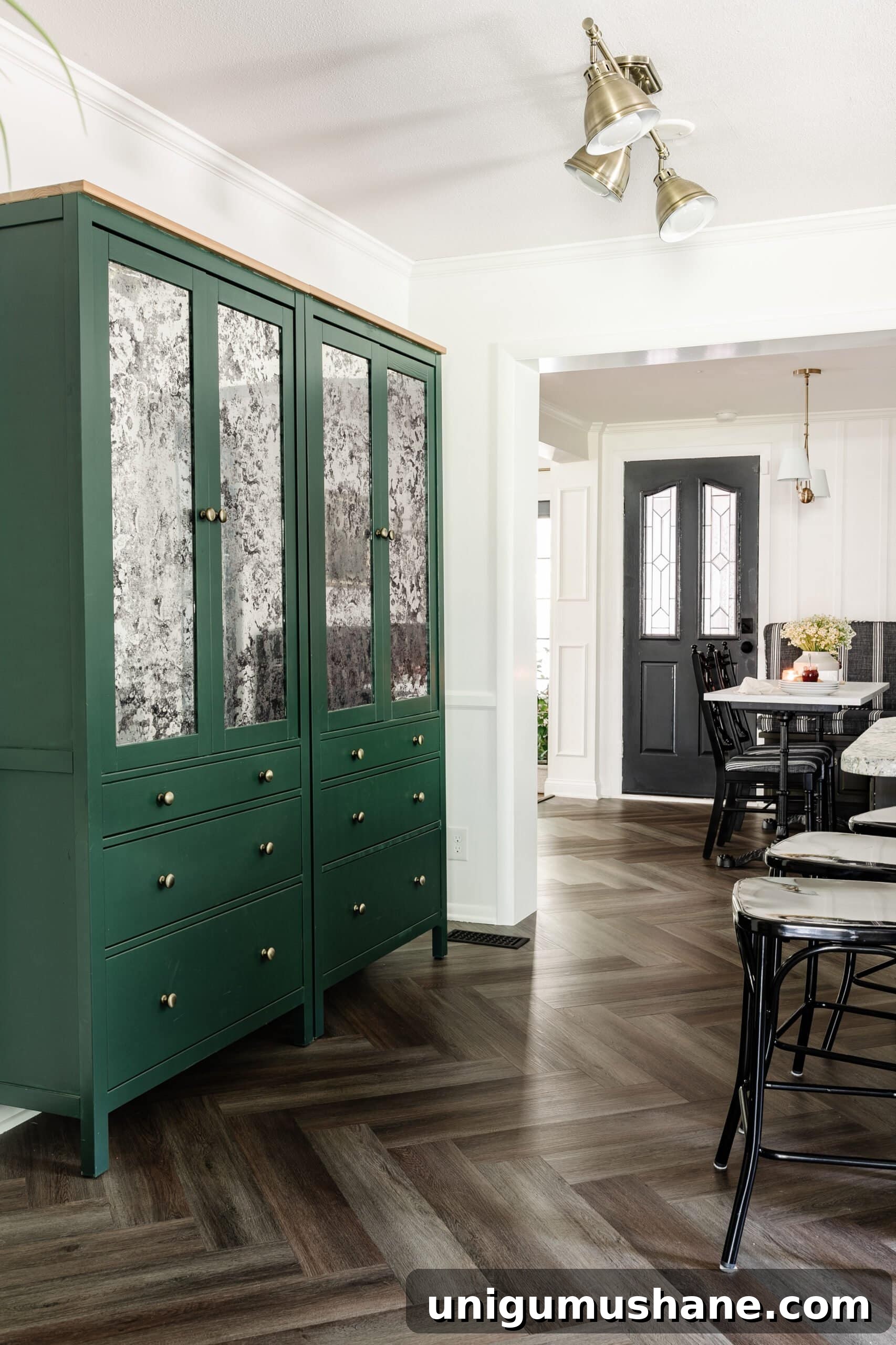 green IKEA pantry cabinets with antique mirror glass