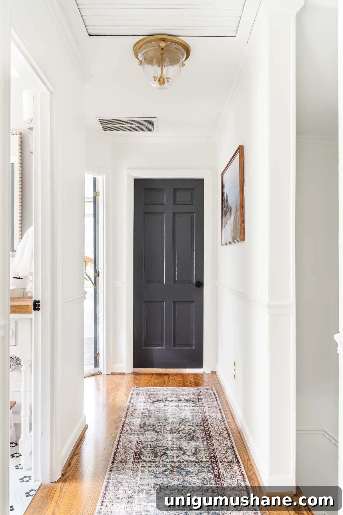 hallway with Benjamin Moore Wrought Iron doors and Benjamin Moore Chantilly Lace Walls