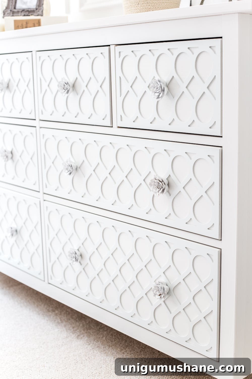 IKEA Hemnes Dresser Applique Makeover: Step-by-Step Guide 15 How to get a high-end carved detail look for less on a plain IKEA Hemnes dresser using appliques. #IKEAhack #dresser #furnituremakeover