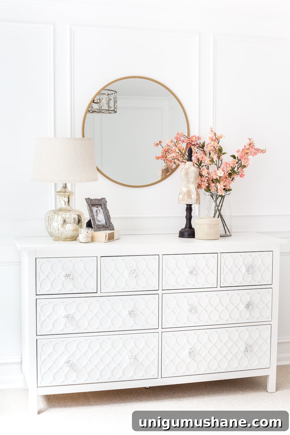 IKEA Hemnes Dresser Applique Makeover: Step-by-Step Guide 3 How to get a high-end carved detail look for less on a plain IKEA Hemnes dresser using appliques.