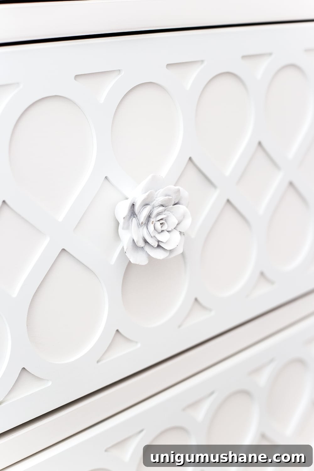 IKEA Hemnes Dresser Applique Makeover: Step-by-Step Guide 10 white cactus flower knobs and applique on a plain IKEA dresser
