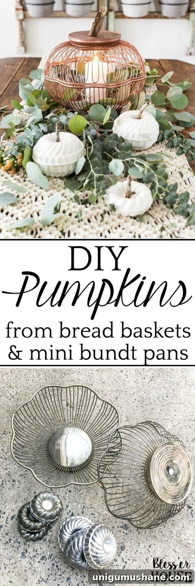 Fall Pumpkin Decor from Wire Baskets and Bundt Pans 15 A step-by-step tutorial for making craft pumpkins for fall using thrifted vintage wire bread baskets and mini bundt pan Jello molds. #craftpumpkin #fallcraft