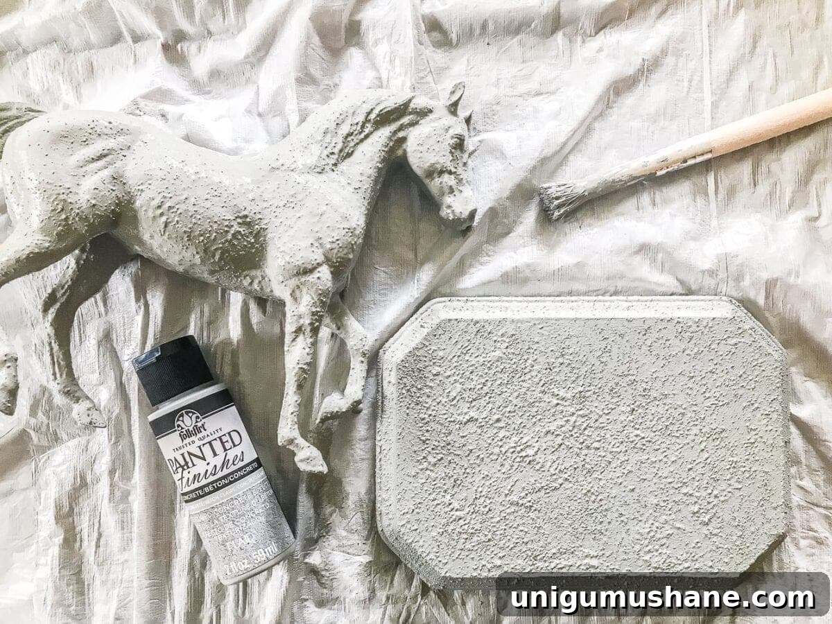 How to Make a Concrete Horse Figurine for Equestrian Decor 5 How to turn a toy horse figurine into a designer-inspired concrete equestrian statuette using just paint, wood craft, and glue. #thriftymakeover