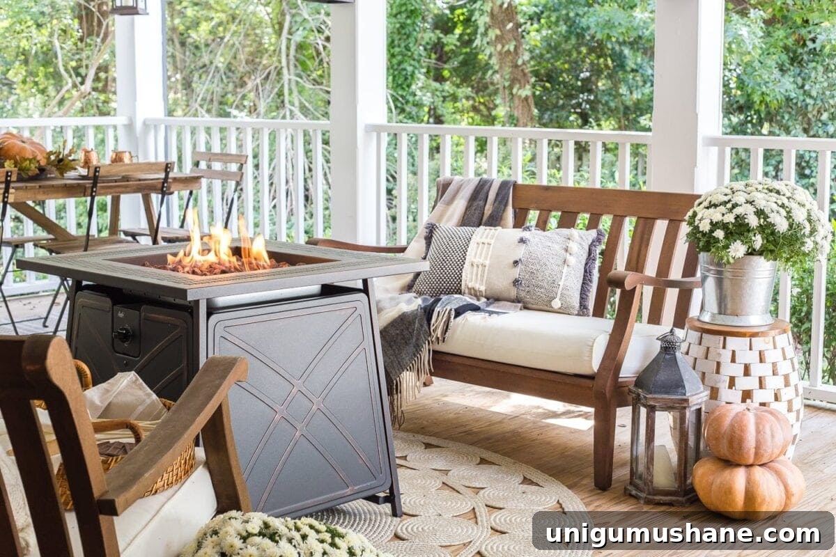 Fall Porch Tour and Cozy Outdoor Decor Ideas 3 Cozy fall porch with gas fire pit, pumpkins, and mums