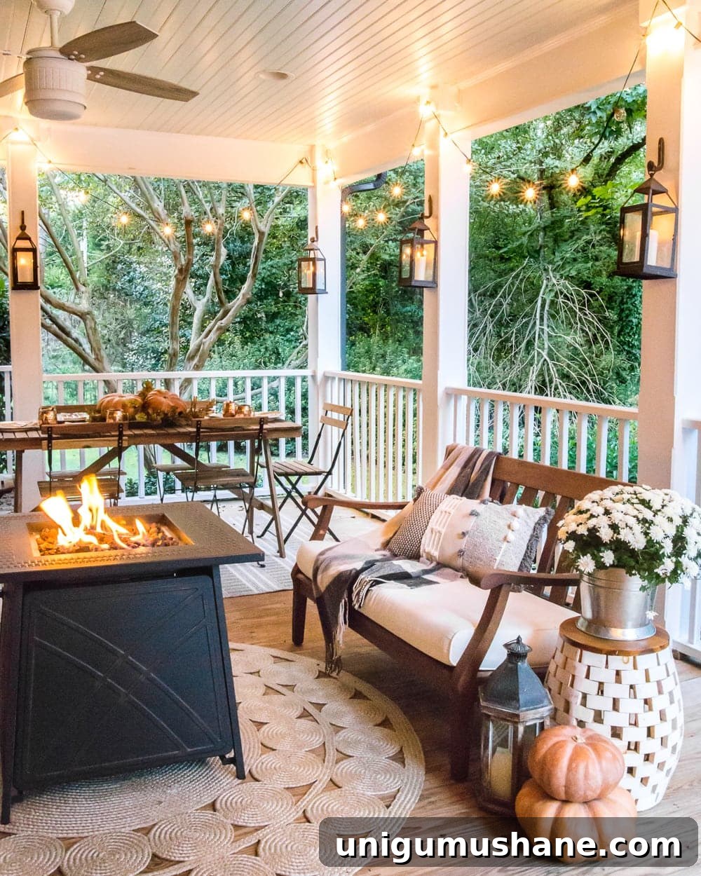 Fall Porch Tour and Cozy Outdoor Decor Ideas 19 cozy fall porch with fire pit, string lights, and lanterns