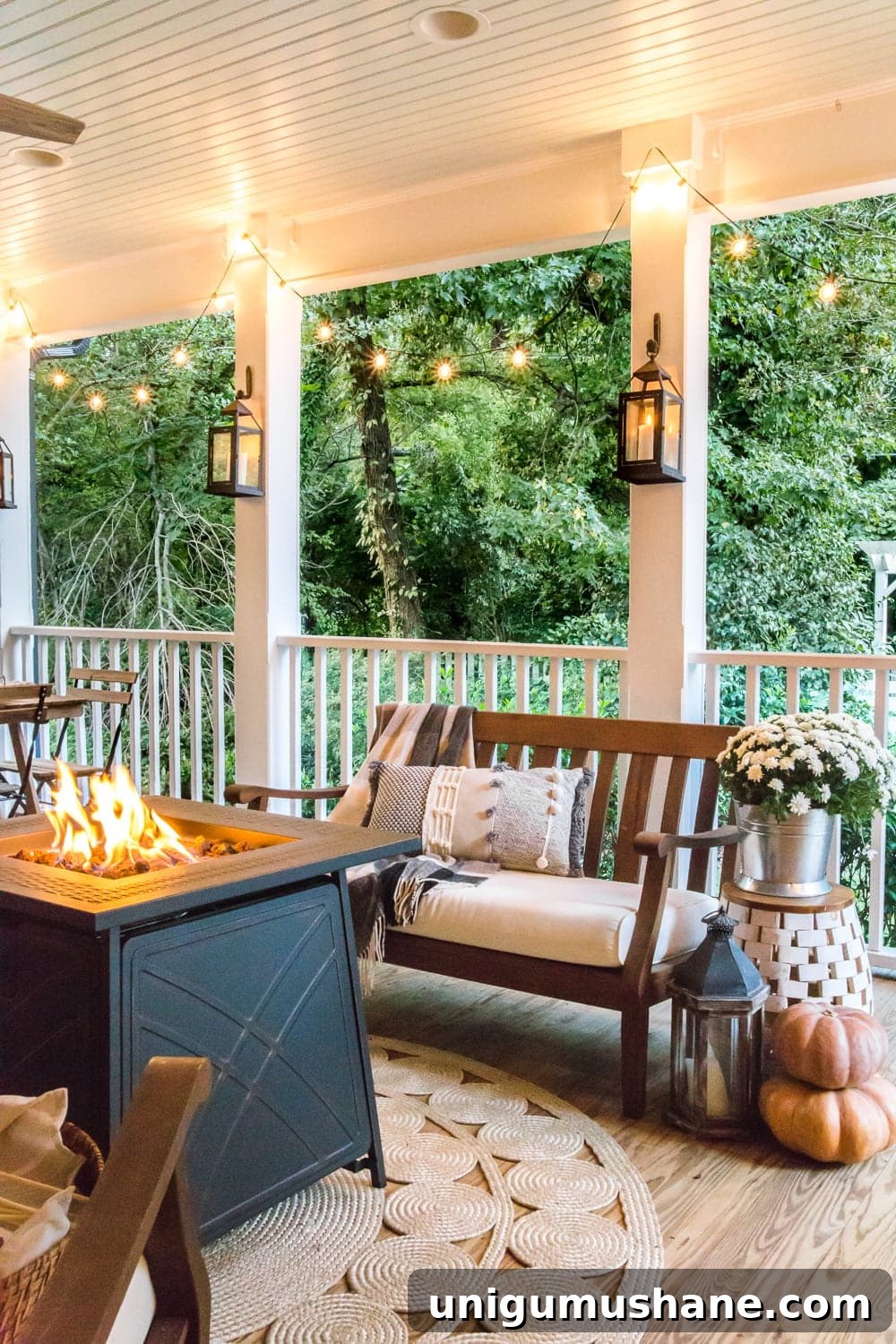 Fall Porch Tour and Cozy Outdoor Decor Ideas 20 cozy fall porch with fire pit, string lights, and lanterns