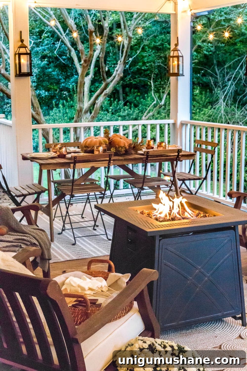 Fall Porch Tour and Cozy Outdoor Decor Ideas 21 cozy fall porch with fire pit, string lights, and lanterns