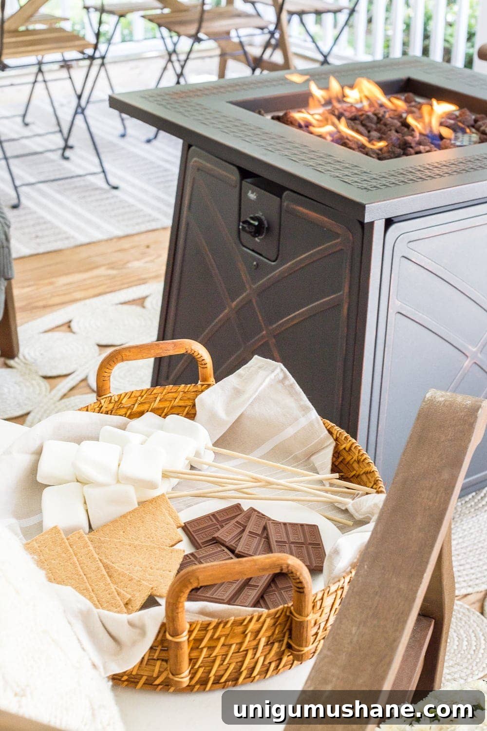 Fall Porch Tour and Cozy Outdoor Decor Ideas 4 Cozy fall porch with gas fire pit and s'mores | outdoor fall entertaining