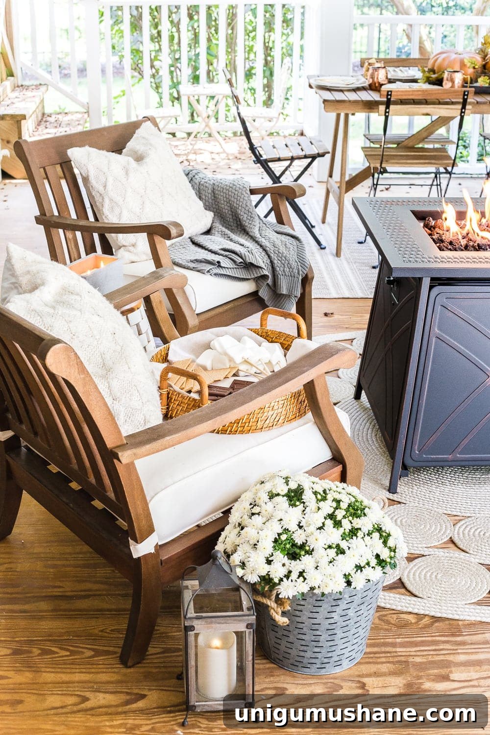 Fall Porch Tour and Cozy Outdoor Decor Ideas 5 Cozy fall back porch with neutral outdoor furniture and fire pit