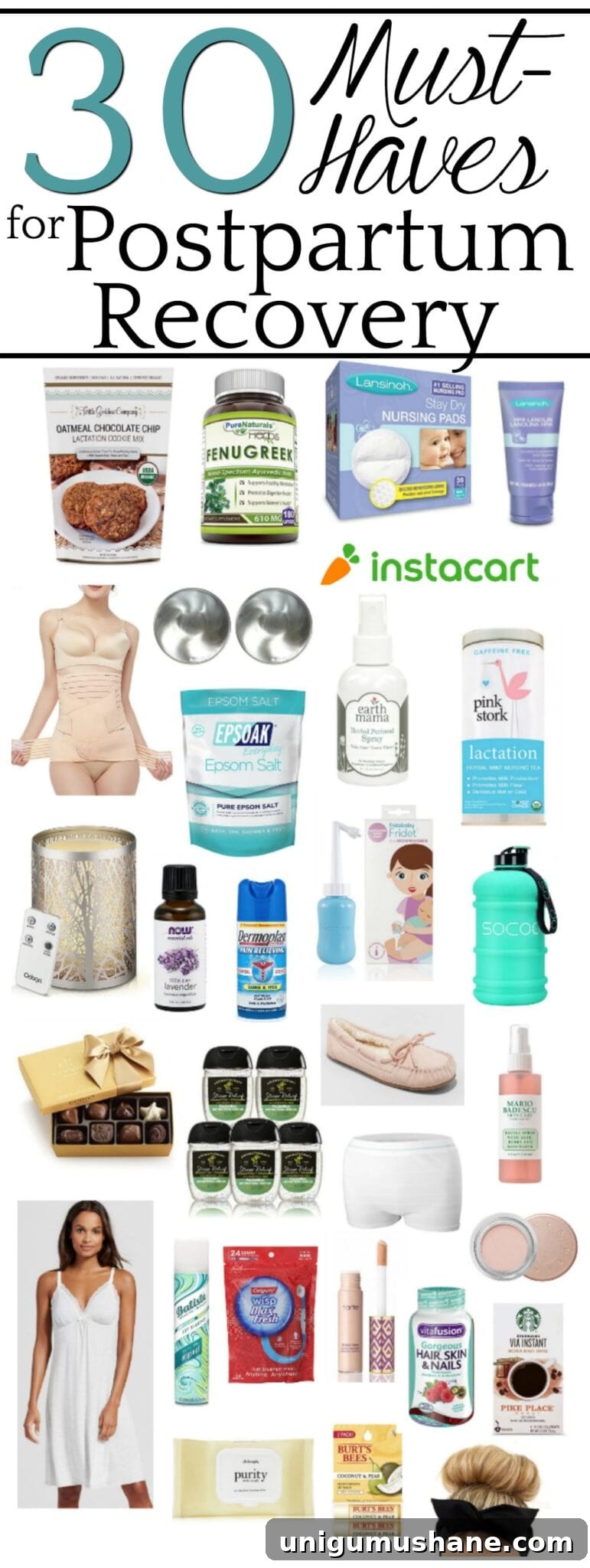 30 Postpartum Recovery Essentials Every New Mom Needs 2 A shopping list gift guide for postpartum recovery to help with lactation, pain relief, hormonal side effects, stress-relief, and self-care to help mom quickly feel like her pretty self again.